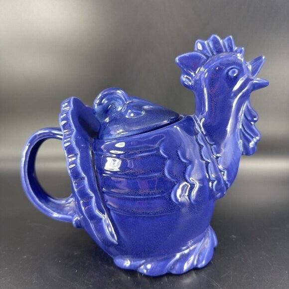 RED WING Pottery Cobalt Blue Hen Chicken Teapot Carafe USA Made Ceramic Vintage - Picture 15 of 16